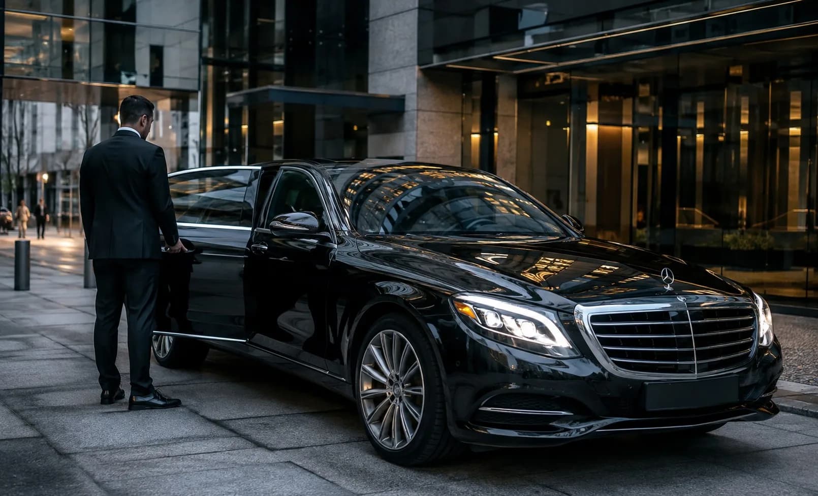 A chauffeur-driven Mercedes saloon waiting on Colmore Row in Birmingham at night