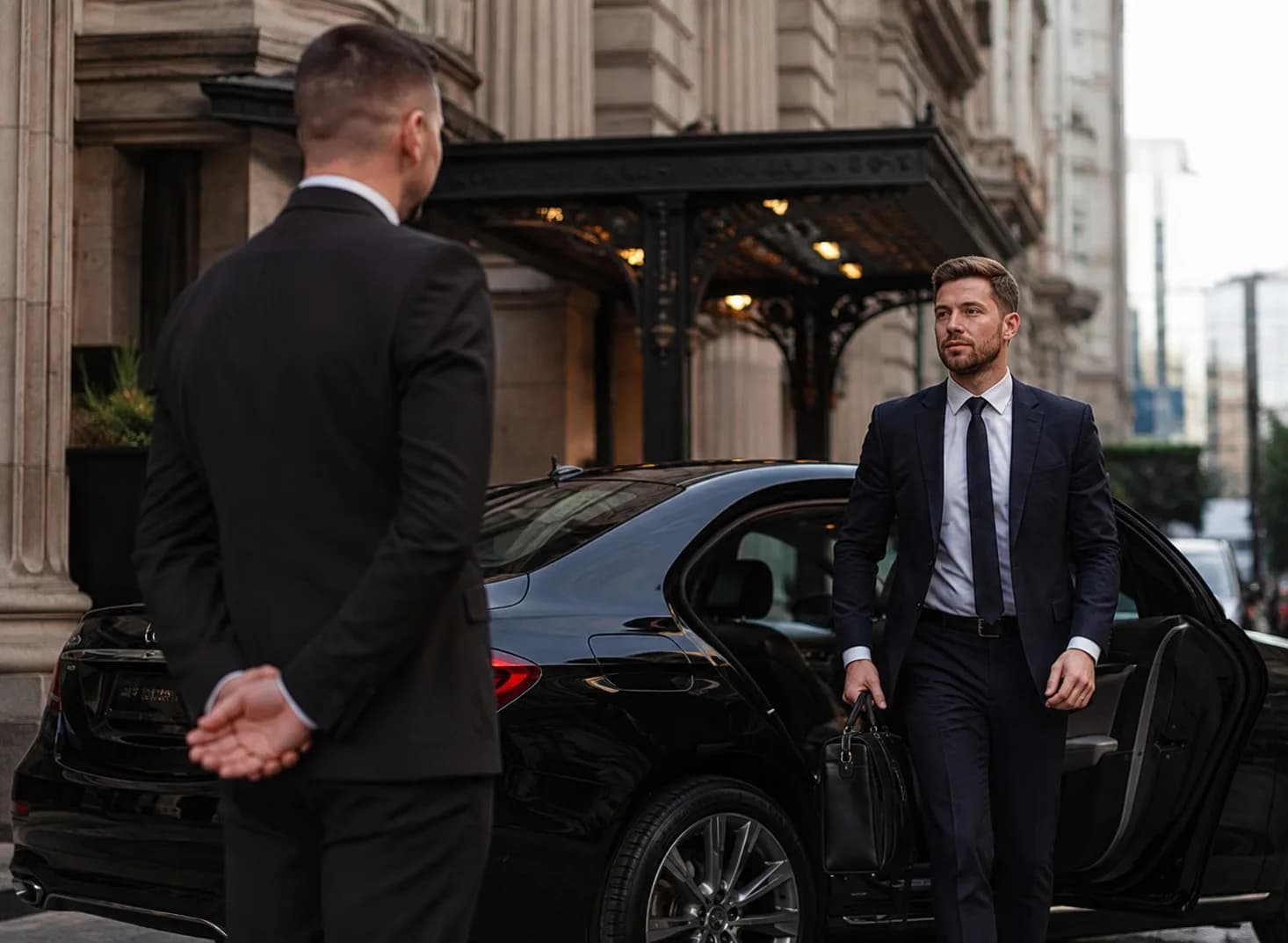 A uniformed Bespoke Executive Chauffeurs chauffeur holding open the rear door of an executive saloon